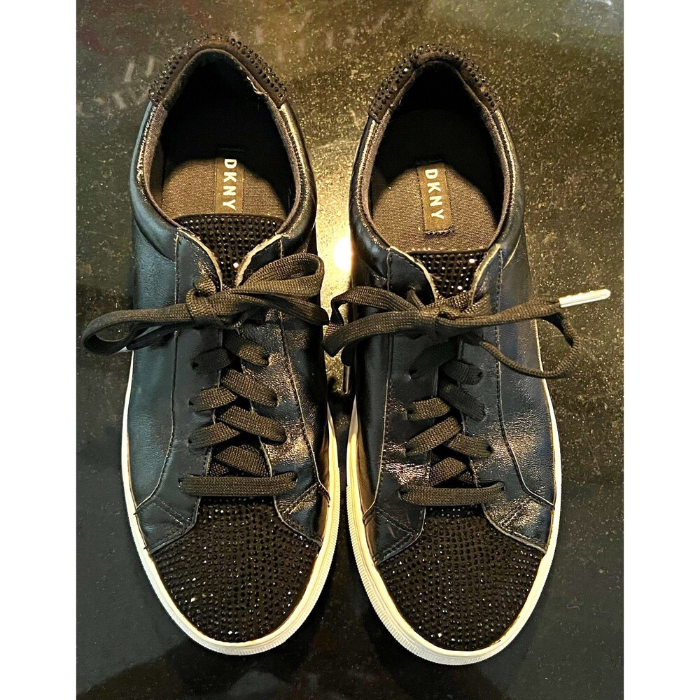 DKNY Black Leather Rhinestone Toe Cap Sneakers Size 8M⁠